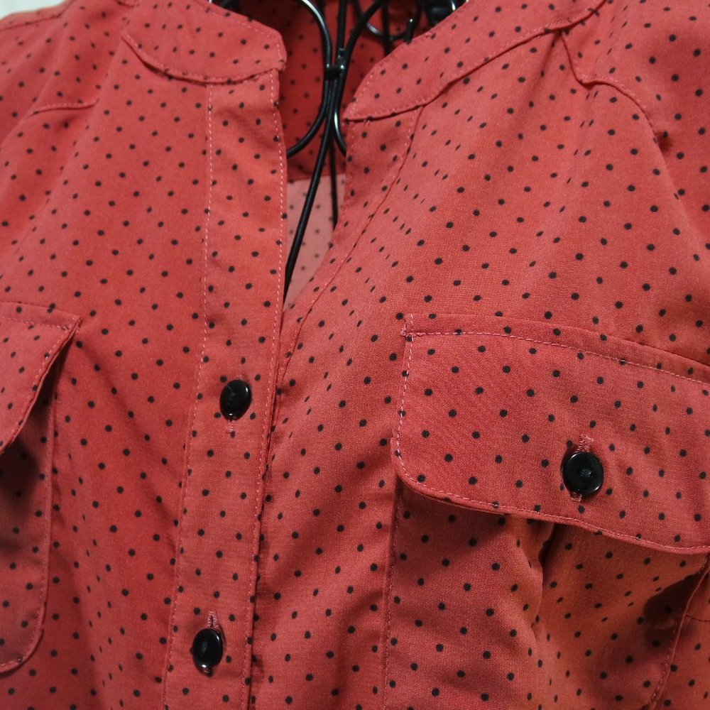 ELEMENTZ Red Orange Polka Dot Adjustable Sleeve Button Up Blouse Shirt